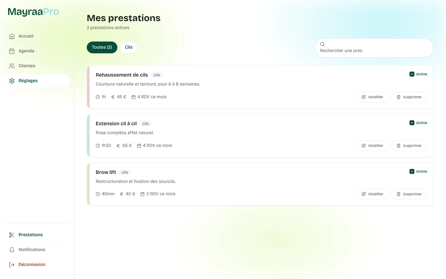 Liste des prestations avec leur durée et leur prix