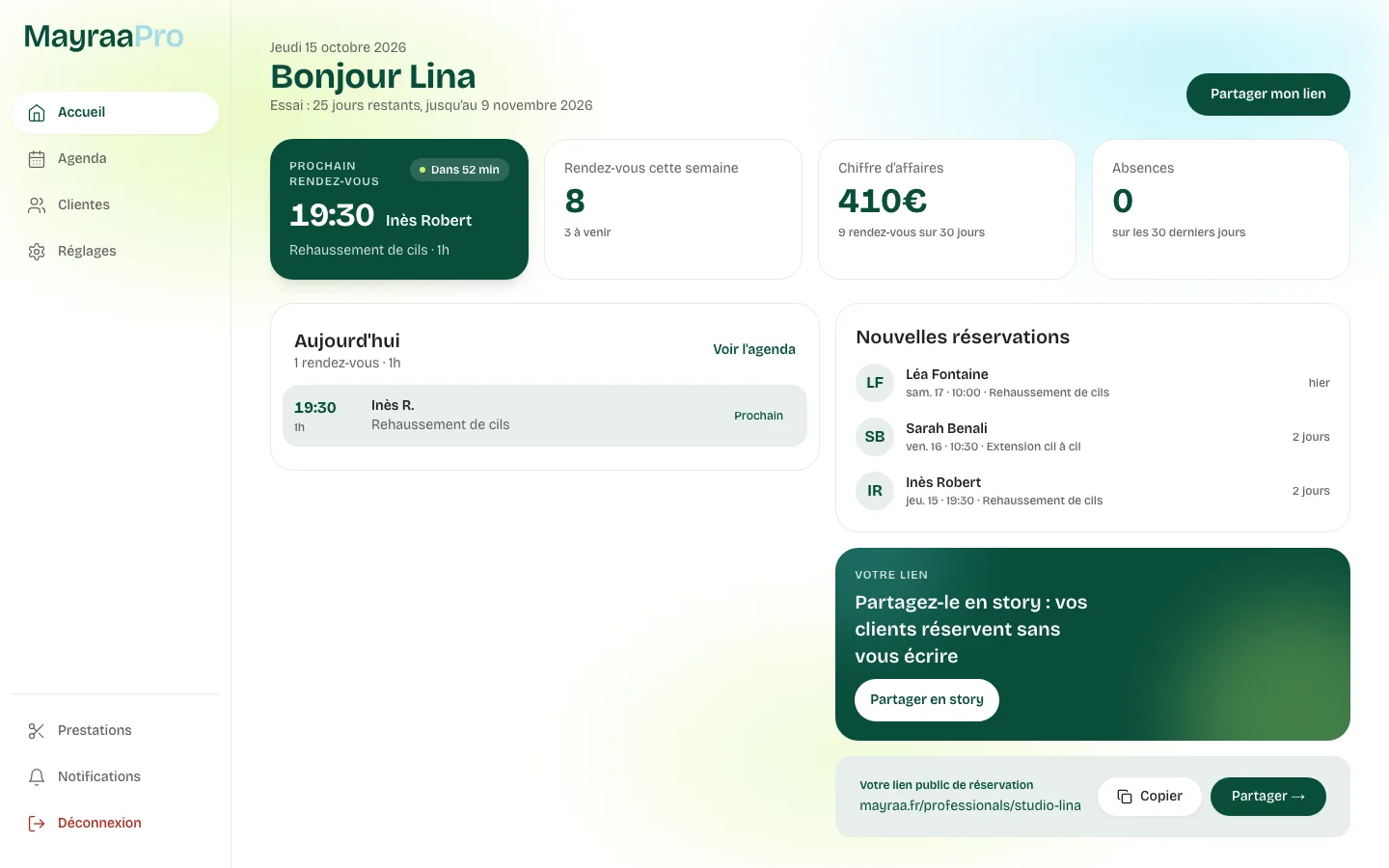 Tableau de bord Mayraa Pro : prochain rendez-vous et activité du jour